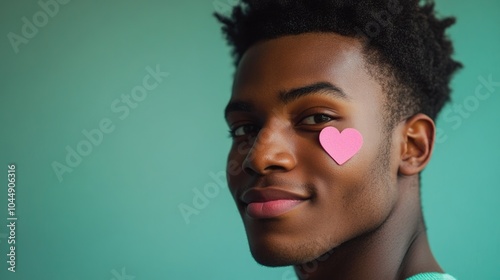 A person wearing a pink heart on their forehead, potentially as a symbol of love or support