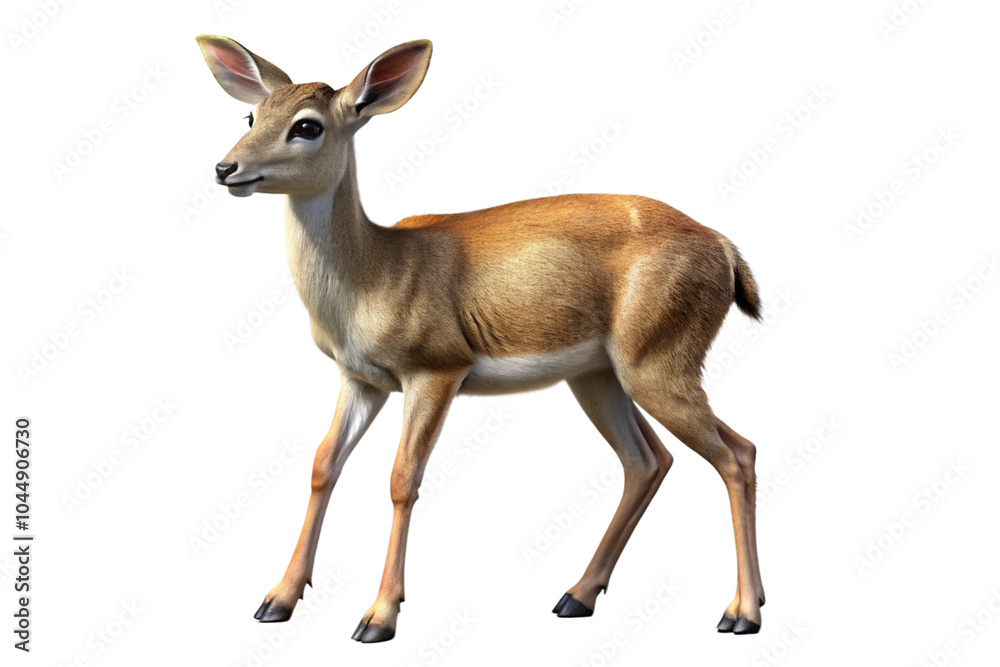 A delicate doe standing alert, showcasing its slender legs and soft fur, isolated on a white canvas.
A delicate doe standing alert, showcasing its slender legs and soft fur, isolated on a white canvas.