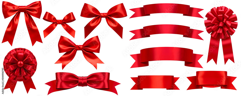 Fototapeta premium Red Ribbon Collection: A set of 10 red ribbon bows and banners, perfect for adding a touch of elegance and festivity to your designs. 