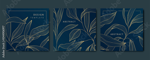 Vector set of gold leaf floral backgrounds. Line luxury plant nature ornament, vintage foliage ornament. Premium branch illustration
