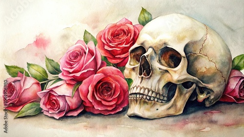Fototapeta Naklejka Na Ścianę i Meble -  Skull and roses watercolor painting on white background