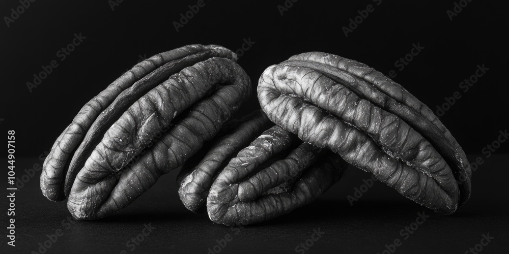 A pair of pecans resting on a flat surface, often used for decoration or as a prop in food photography A pair of pecans resting on a flat surface, often used for decoration or as a prop in food photography