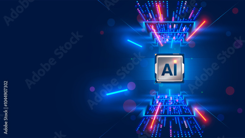 Processor with integration AI. AI Letters on chip. CPU connected to data storage. Artificial intelligence technology in electronic chip. Data processing by artificial intelligence chip. AI hardware.