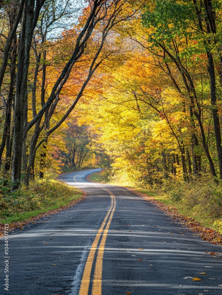 Obraz premium A road lined with trees in full autumn colors, capturing the beauty of nature's display during the fall. The leaves on both sides have turned into vibrant , generative ai