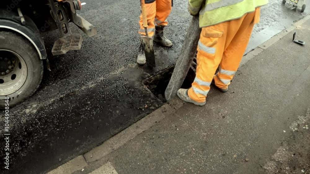 Roadwork team cleaning a road gully on a busy street during the early morning hours in the city Roadwork team cleaning a road gully on a busy street during the early morning hours in the city