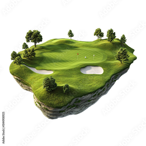 A floating golf field island on an isolated background