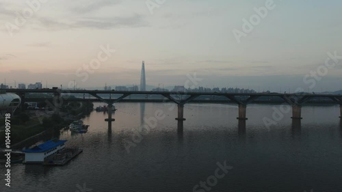 Wallpaper Mural Morning Glow Over Seoul’s Han River - Bridge with Subway and Roadway Scene Torontodigital.ca