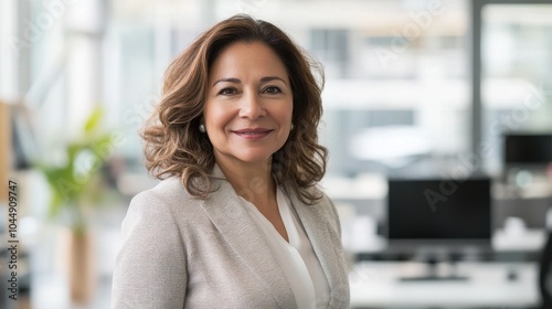 A confident middle-aged Hispanic woman stands in a modern office environment, exuding professionalism and warmth. Her approachable demeanor symbolizes empowerment and success.