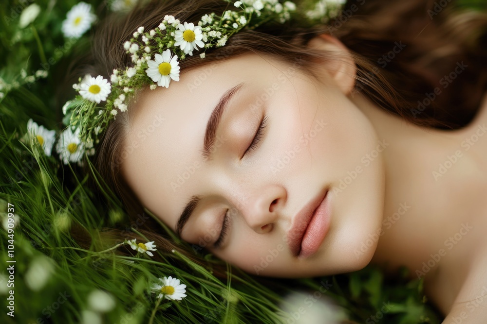 A woman lays down on the grass with her eyes closed, enjoying a moment of peace A woman lays down on the grass with her eyes closed, enjoying a moment of peace