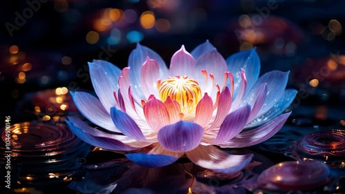 The lotus flower is blooming on the lake with magical shimmering light. Vu Lan festival. Lotus Festival. 4k. Background animation