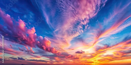 Sky background with pink cirrus clouds at sunset against deep blue sky