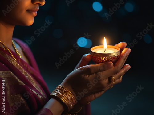 Closeup of hands of woman holding Diwali oil lamp Diya at night 