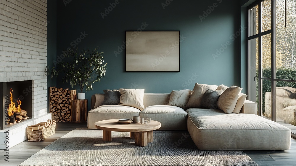 Scandinavian interior a light beige fabric sofa pale blue walls white oak coffee table midcentury modern chairs neutral grey rug and a white brick fireplace with firewood Scandinavian interior a light beige fabric sofa pale blue walls white oak coffee table midcentury modern chairs neutral grey rug and a white brick fireplace with firewood