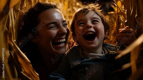 A mother and her young son laugh together while hiding in a cornfield.