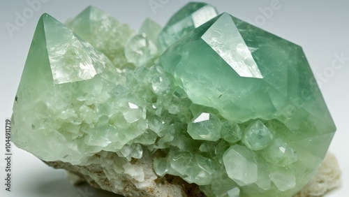 Light green prehnite crystal formation in natural light. High-resolution macro photograph showing translucent botryoidal surface texture and delicate crystal clusters. Professional mineral photography photo