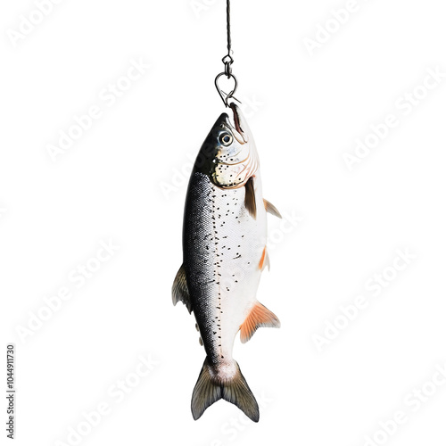 A silver salmon fish caught in the fishing hook vertically on an isolated background