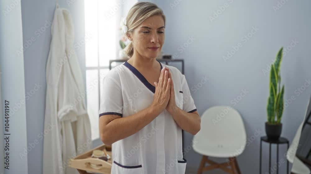 Woman in a spa room performs a traditional greeting with hands together, embodying a serene wellness ambiance, surrounded by calming interior decor and soft natural lighting. Woman in a spa room performs a traditional greeting with hands together, embodying a serene wellness ambiance, surrounded by calming interior decor and soft natural lighting.