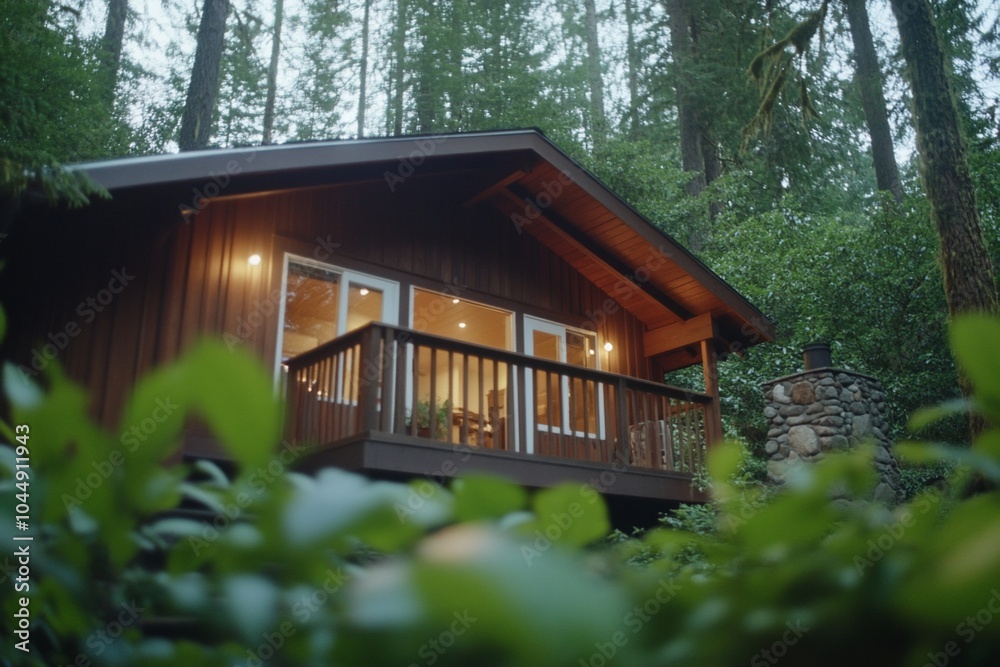 A cozy wooden cabin nestled in a lush green forest with a covered balcony and a fireplace. A cozy wooden cabin nestled in a lush green forest with a covered balcony and a fireplace.