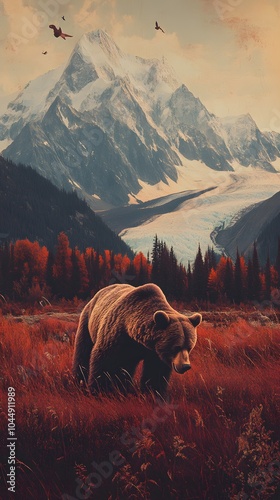 70s-style poster of an Alaskan grizzly bear walking through the grass, with a mountain in the background