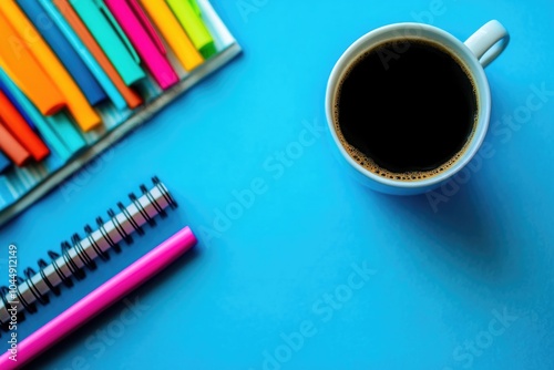 A cup of coffee placed next to a collection of colorful pencils, perfect for a creative break or study session photo