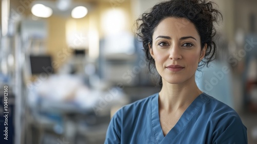 A portrait of a professional European woman in scrubs, exuding confidence and dedication in a healthcare setting. She reflects the essence of medical service.