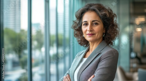 A confident middle-aged Middle Eastern woman stands in a modern office, exuding professionalism and grace. Her curly hair frames a determined expression, reflecting leadership.