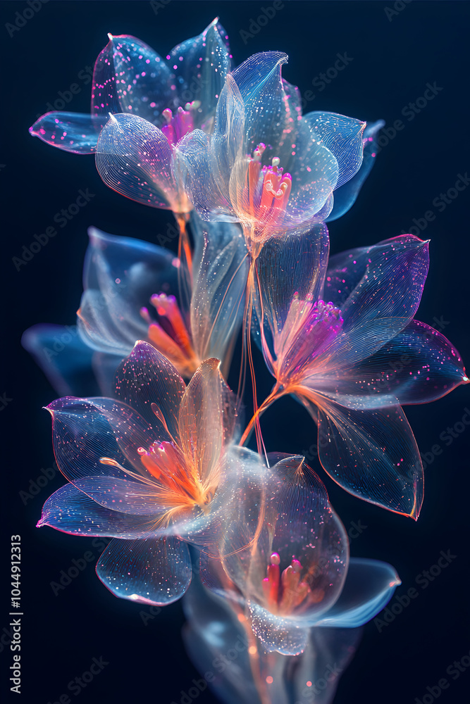a cluster of ethereal, translucent flowers against a dark background. The petals appear almost glass-like, with light delicately illuminating their delicate structure and revealing subtle hues of pink a cluster of ethereal, translucent flowers against a dark background. The petals appear almost glass-like, with light delicately illuminating their delicate structure and revealing subtle hues of pink