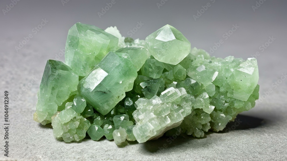 Light green prehnite crystal formation in natural light. High-resolution macro photograph showing translucent botryoidal surface texture and delicate crystal clusters. Professional mineral photography Light green prehnite crystal formation in natural light. High-resolution macro photograph showing translucent botryoidal surface texture and delicate crystal clusters. Professional mineral photography