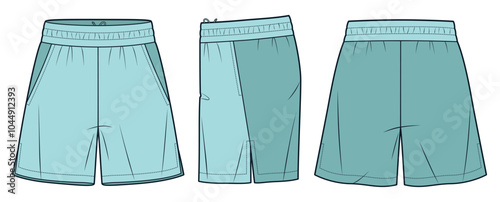 Sport Shorts technical fashion illustration. Short Pants fashion design, elastic waist, inside drawstring, side slit, front, side and back view, green, women, men, unisex CAD mockup.