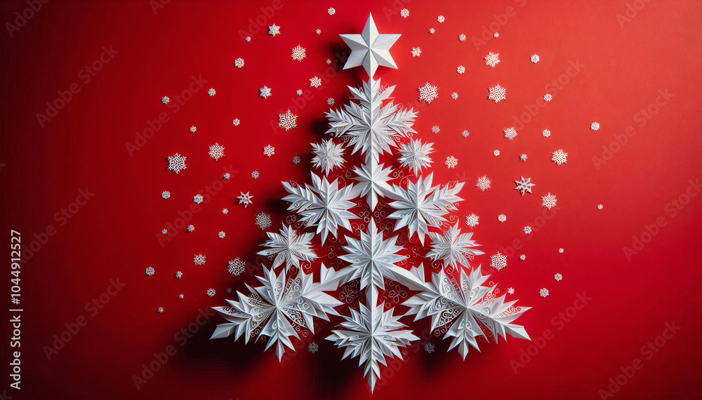 A festive Christmas tree made of layered paper snowflakes on a vivid red background, surrounded by small white snowflakes A festive Christmas tree made of layered paper snowflakes on a vivid red background, surrounded by small white snowflakes
