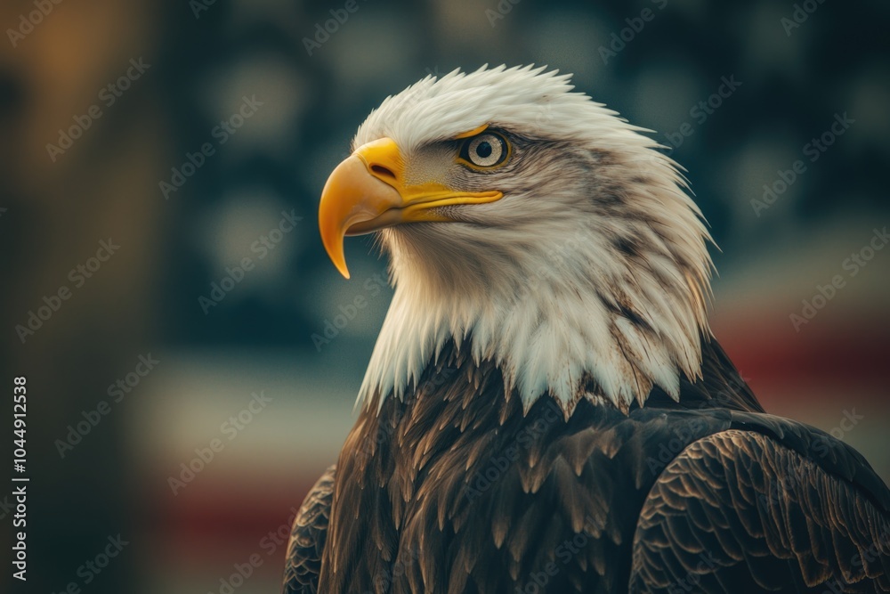 Obraz premium A close-up shot of a bald eagle with an American flag in the background, great for patriotic events or displays
