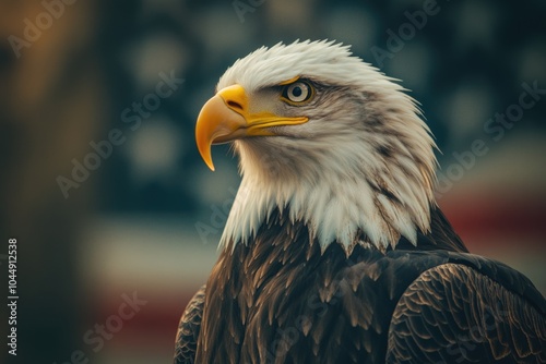 A close-up shot of a bald eagle with an American flag in the background, great for patriotic events or displays