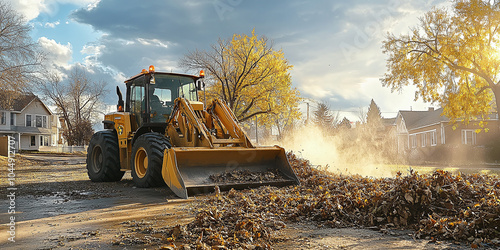 A front loader clearing fallen leaves and debris from a residential street during autumn. Bright sunlight illuminates the scene, with golden trees in the background. photo