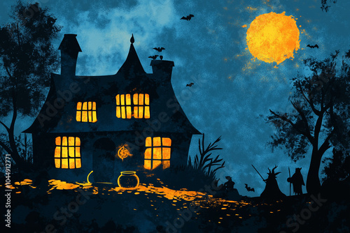 halloween background wallpaper with haunted house and pumpkin as jack-o-lantern for scary autumn photo