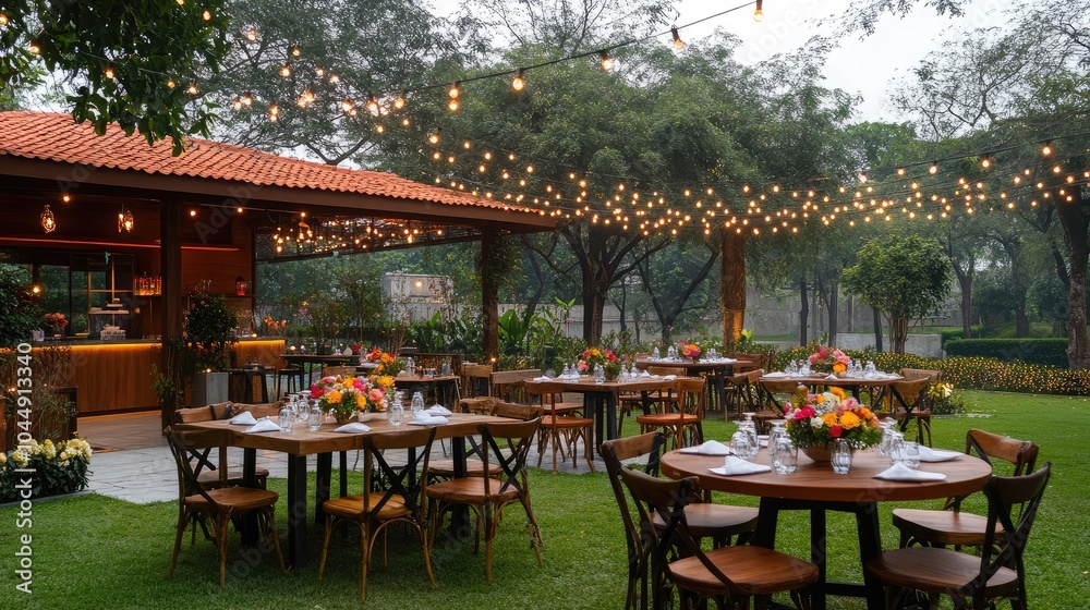 Elegant Outdoor Dining Setup with String Lights Elegant Outdoor Dining Setup with String Lights
