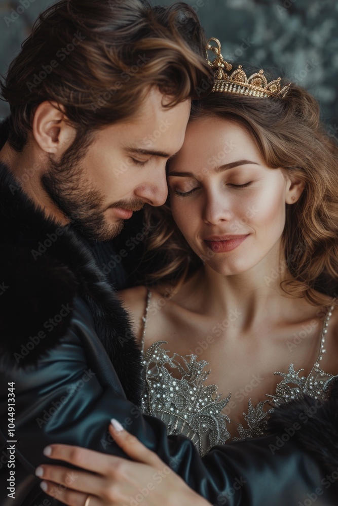 Obraz premium A couple posing together while wearing tiaras, possibly for a royal event or a fantasy scenario