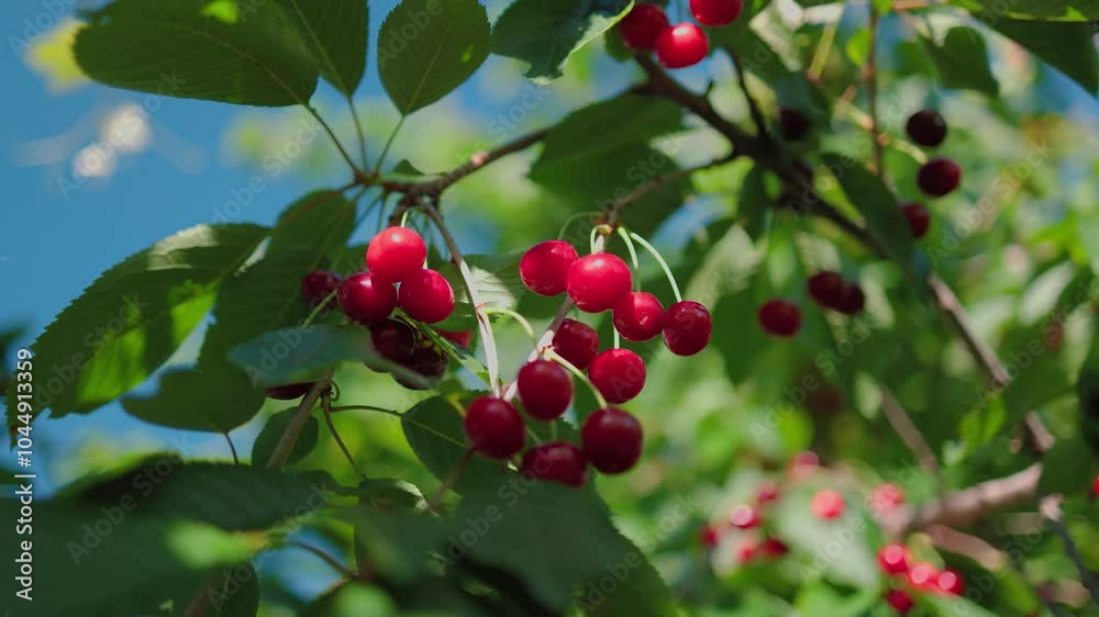 Beautiful red cherries against a background of blue sky and green leaves. Ripe cherries on the tree. Green leaves in the background. Beautiful red cherries against a background of blue sky and green leaves. Ripe cherries on the tree. Green leaves in the background.