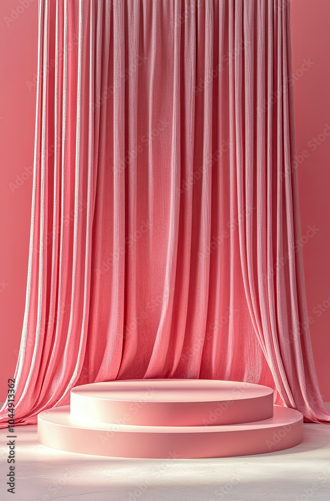 3D Rendered Podium with Pastel Pink Curtains for a Soft and Sweet Ambiance 3D Rendered Podium with Pastel Pink Curtains for a Soft and Sweet Ambiance