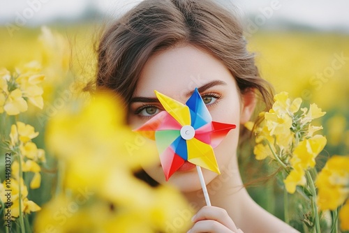 A woman holds a colorful pinwheel in a bright yellow flower field photo