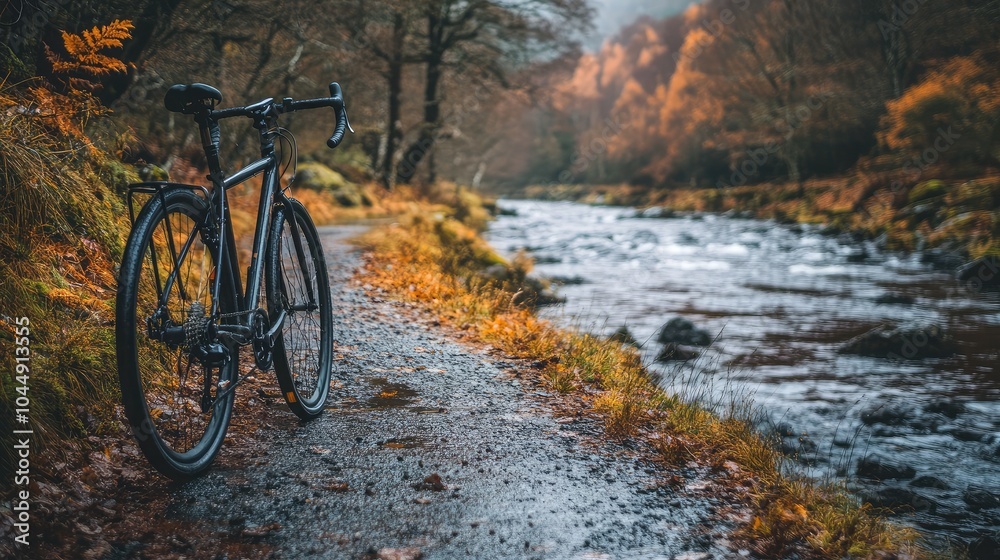 Fototapeta premium Scenic Bicycle Along a Riverbank in Autumn