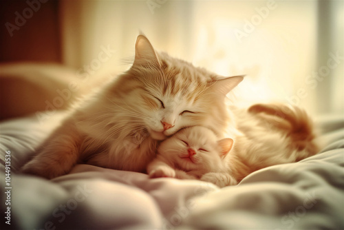 Adorable fluffy white mother cat and her baby kitten, sleeping lying together on a white blanket, in a serene and peaceful moment 