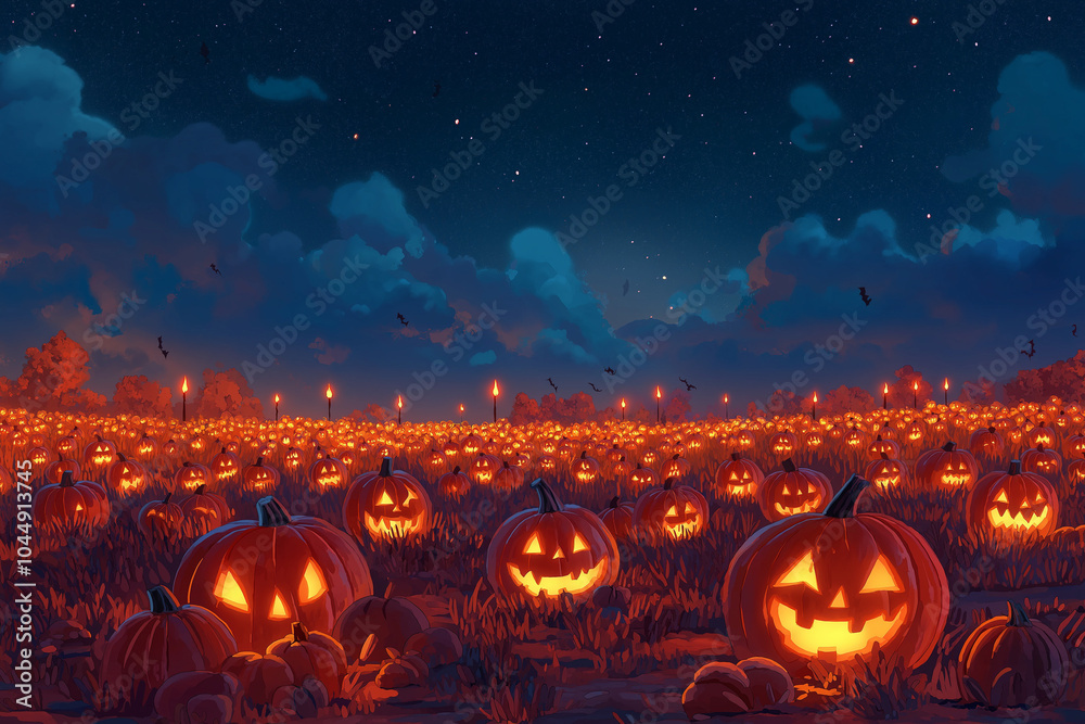 Naklejka premium scary halloween background wallpaper with pumpkin graves and bats in moonlight