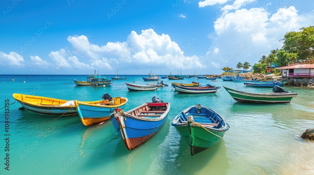 Colorful Boats Floating in Clear Tropical Water Colorful Boats Floating in Clear Tropical Water