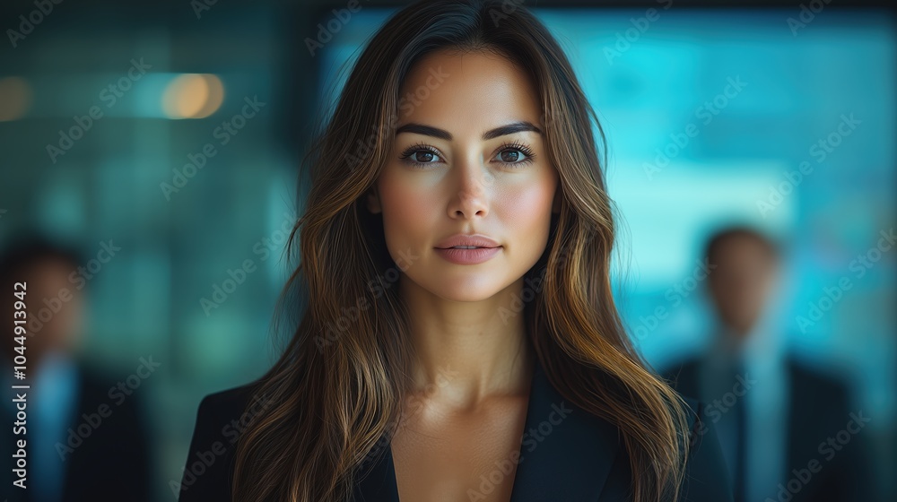 Fototapeta premium The confident female lawyer showcases her professionalism in an office, standing poised with a calm demeanor while colleagues are engaged in activities in the background