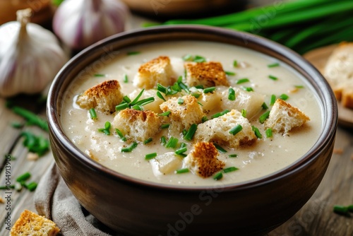 A warm bowl of soup served with croutons and bread, perfect for a cozy meal