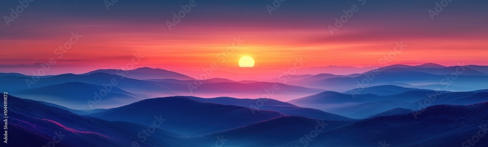Fototapeta premium Mountains are covered in mist and fog as the sun sets