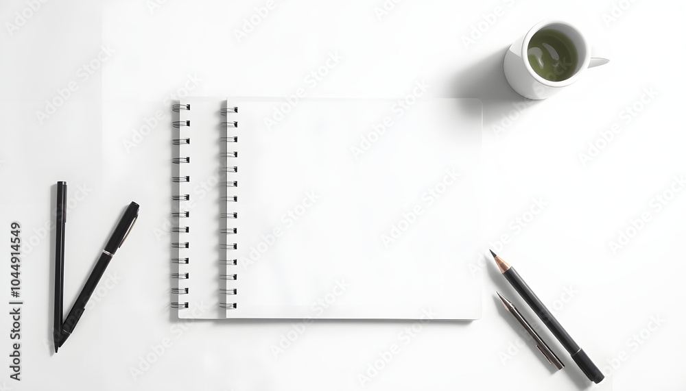 Business concept - Top view of blank notebook on white background desk for mockup isolated with white highlights, png Business concept - Top view of blank notebook on white background desk for mockup isolated with white highlights, png