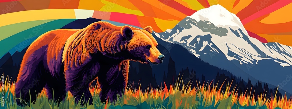 70s-style poster of an Alaskan grizzly bear walking through the grass, with a mountain in the background 70s-style poster of an Alaskan grizzly bear walking through the grass, with a mountain in the background