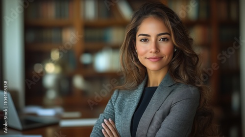 A Latino lawyer stands proudly in a law office, dressed in professional attire. Books line the background while she exudes confidence and approachability