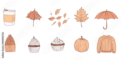 Big set of autumn icons, sweater and umbrella elements with pumpkin pie, cupcake, coffee, and falling leaves isolated on a white background.